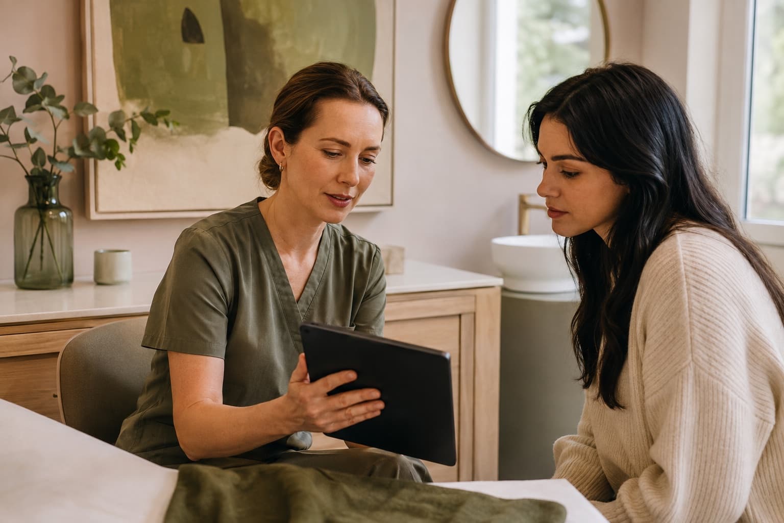 A stylist giving a thoughtful consultation to a client in a salon